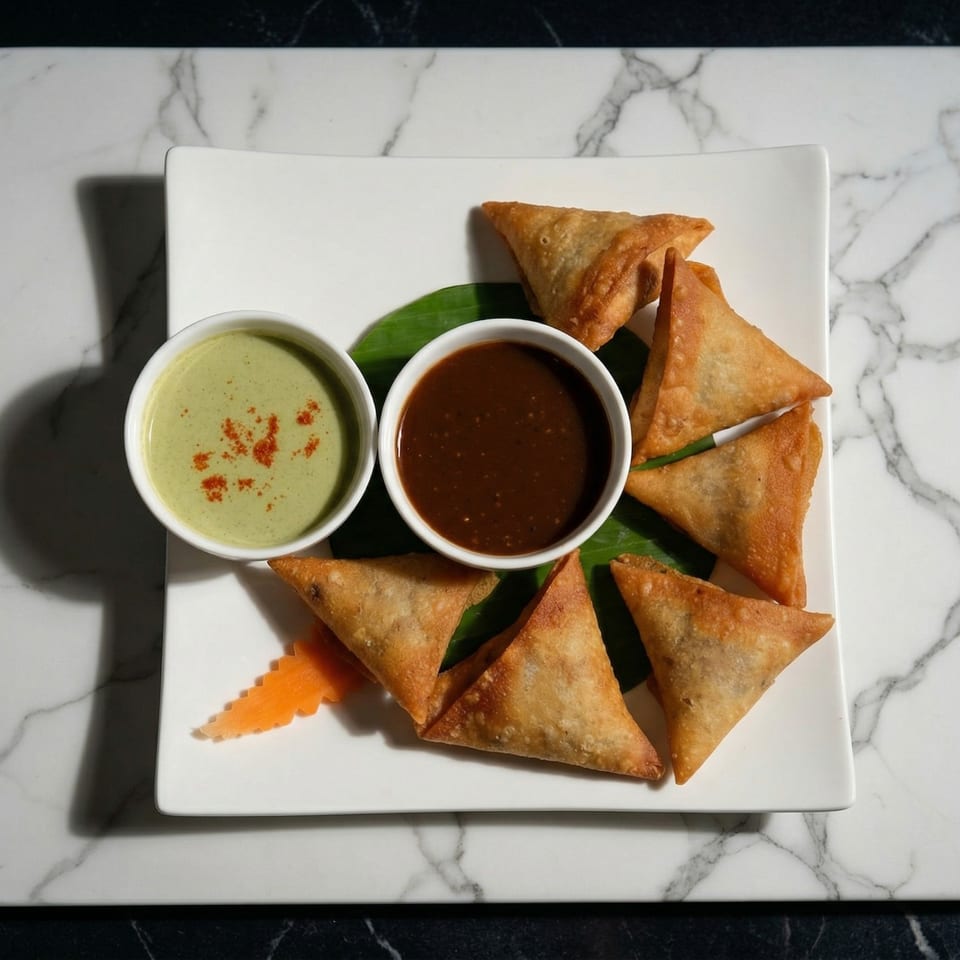 Crispy samosas arranged on a white plate with green and brown dipping sauces, on a marble surface.