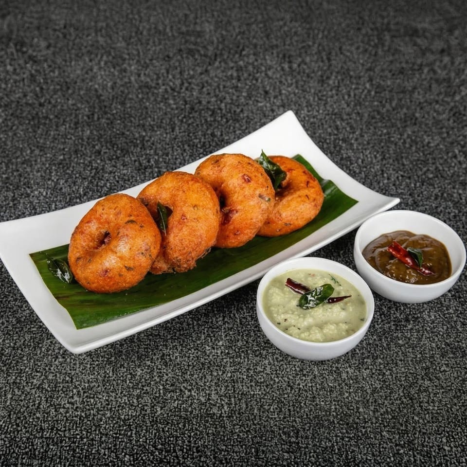 Four golden-brown medu vada on a banana leaf, with two bowls of chutney on a dark textured surface.