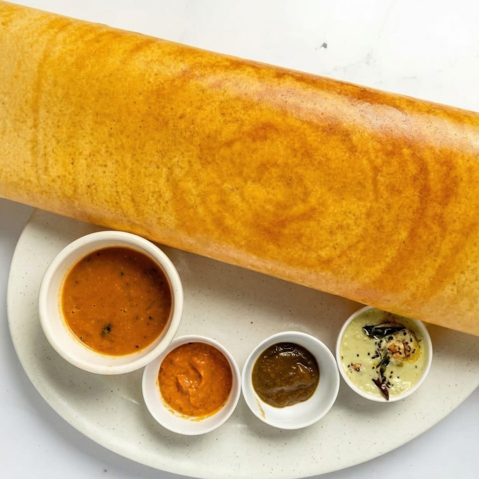 A golden-brown dosa roll served with four small bowls of colorful chutneys on a white plate.