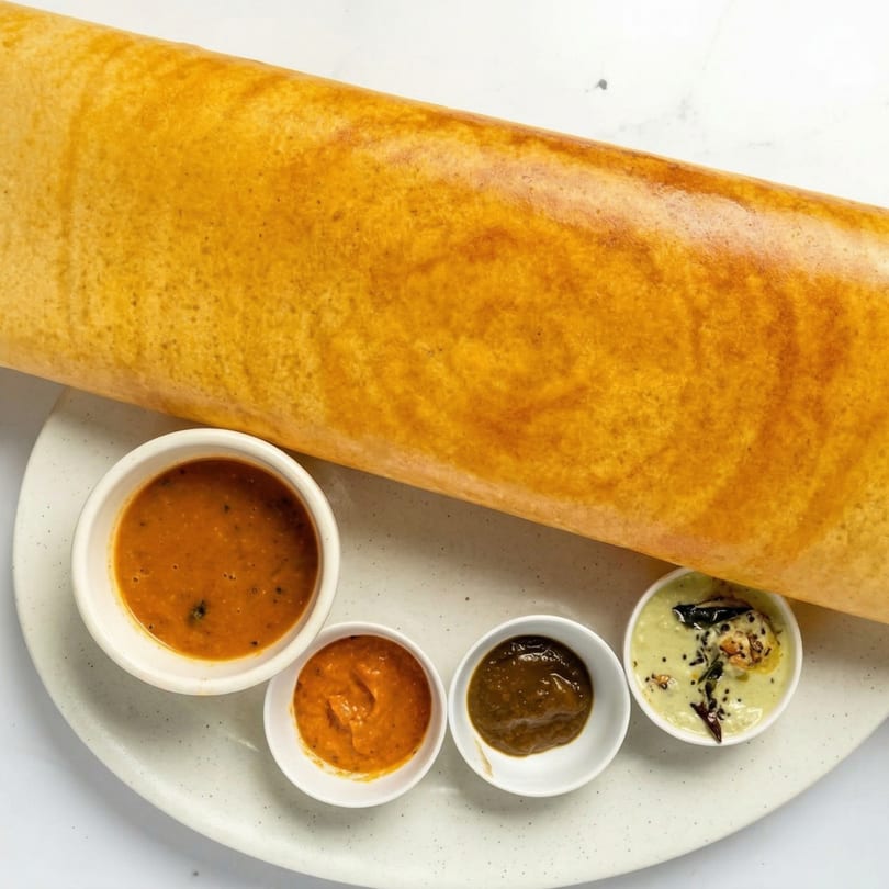 A golden-brown dosa roll served with four small bowls of colorful chutneys on a white plate.