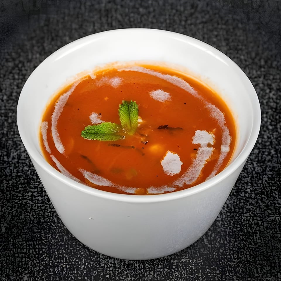 A white bowl of tomato soup with cream swirls and a mint garnish on a dark textured surface.
