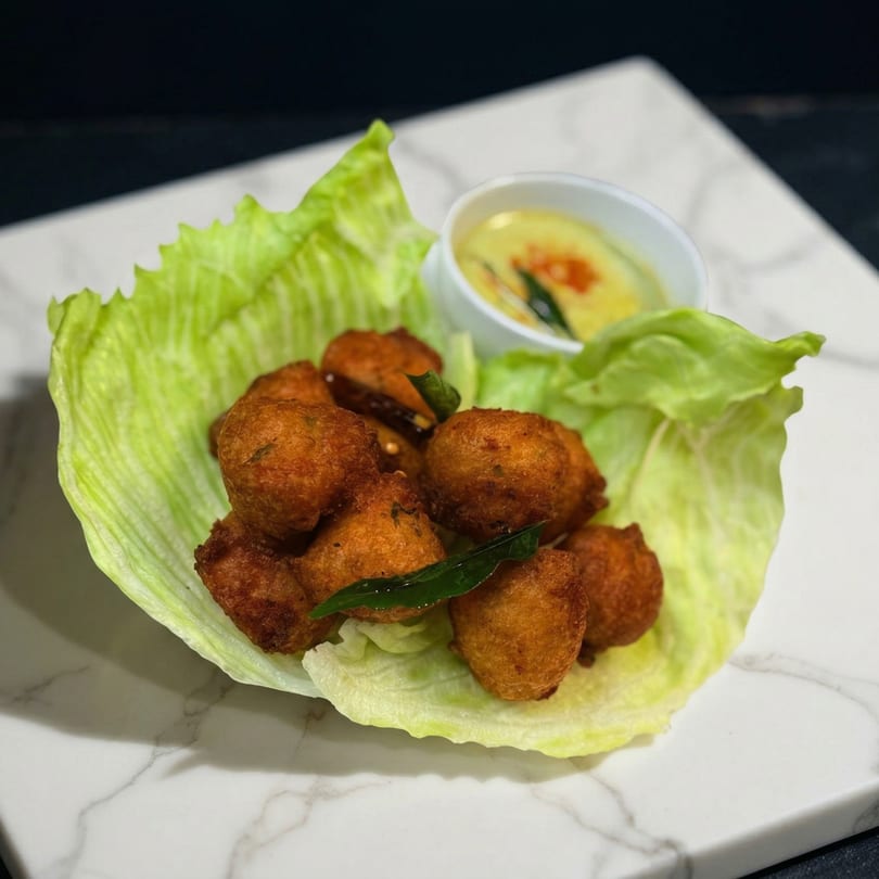 Golden-brown fried fritters served in a vibrant green lettuce cup with a side of yellow dipping sauce.