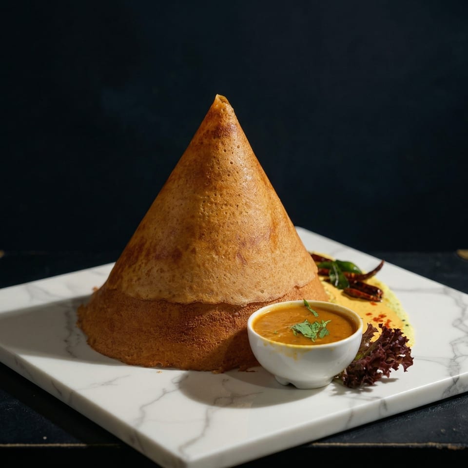 Golden brown cone dosa with sambar, chutney, and dried chilies on a marble plate.